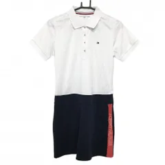 ★SALE価格★【美品】トミーヒルフィガーゴルフ 半袖ポロワンピース 白×ネイビー 上部ロゴ総柄織生地 レディース L ゴルフウェア Tommy Hilfiger Golf