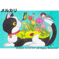 原画「猫の背中に何かある〜ハチワレ猫の背中はお花畑」猫/鳥/昆虫/植物/花/イラスト/絵画/アート