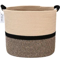 【数量限定】洗濯物入れ 折りたためる 持ち手付き 大容量 ランドリーバスケット ランドリーカゴ （円型 洗濯かご コットンロープバスケット リネン38X38X33cm） 収納バスケット Hinwo