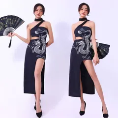 韓国 ブラック 龍柄 ワンピース ダンス衣装 大人 ヒップホップ ダンス衣装 レディース セクシー DS演出服 ポールダンス 衣装 おしゃれ ポー