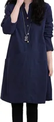 Lopis レディース チュニック おしゃれ 長袖 膝丈 ワンピース かわいい カジュアル トップス( ネイビー,  4XL)