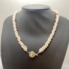 ヴィンテージ 淡水パール＆サンゴ ネックレス シルバークラスプ 花モチーフ付き