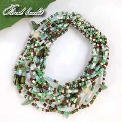 No.A-35 ビーズ ブレスレット 12連 白＆緑＆茶＆水色 ハワイアンアクセサリー フラ