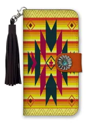 iPhone 16 Plus ケース 手帳型 アイフォン16プラス スマホケース フリンジ ストラップ付 コンチョ ネイティブ オルテガ柄 西海岸 カジュアル ネイビー ホワイト メンズ 男性 カラー10