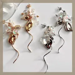 キラキラ《304ステンレス 24KGP》ハンドメイドピアス ニュアンスメタル クリア天然石 オーロラビーズ ゴールド シルバー ジャラジャラ ワイヤー アレルギー対応《イヤリング変更可能》