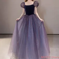 カラードレス カクテルドレス ロングドレス パーティードレス 発表会 演奏会 ステージドレス イブニングドレス 大人 紫 パープル ベルベット シフォン パフスリーブ 半袖 上品 0930