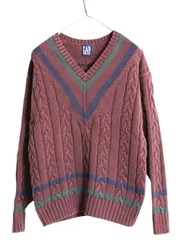【お得なクーポン配布中!】 90s OLD GAP チルデン ケーブル ニット セーター メンズ M 程 90年代 オールド ギャップ 紺タグ Vネック ヘビーウェイト コットン ブラウン