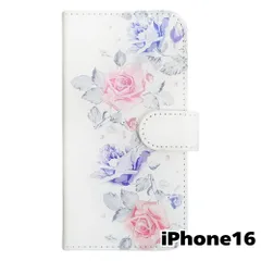 【新品未使用】 iPhone16 アイフォン16 手帳型スマホ ケース 花柄 (パープル×ピンク) バラ ローズ 水彩 フラワー 北欧 おしゃれ かわいい カード収納 PUレザー flip2-ip16-wh-20072