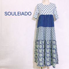 【新品タグ付き】Wacoal　SOULEIADO　ワコール　ソレイアード　ネグリジェ　ルームウェア　ワンピース　パジャマ　リラックスウェア　パジャマパーティー　女子会　綿100％　コットン　肌に優しいパジャマ　パッチワーク　ブルー　ホワイト　Ｔシャツ素材　訳有