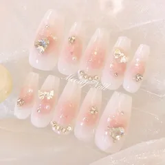 No.83オーダー♡量産型ワンホン韓国フレンチガーリースナ系チークジェルネイルチップ リボンハート