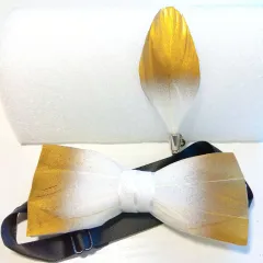 男性用　蝶ネクタイとブローチセット　結婚式　パーティーネクタイ　羽　ゴールド　ホワイト