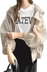 Lilly chocolate シアーパーカー レディース 春夏 薄手 アウター 透け感 羽織り フード付き UVカット 紫外線カット 冷房対策 軽量 無地 バルーン袖 ゆったり シンプル コンパクト収納 夏用(ベージュ,  Free Size)