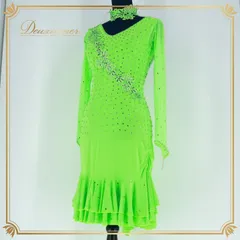 社交ダンス 衣装 ラテン ドレス ワンピース 黄緑 蛍光 デモ 競技 ダンス パーティ 発表会 グリーン系 蛍光色 フロア映え 伸縮素材 動きやすい 競技用 発表用 おしゃれ ダンスウェア レディース 柔らかい