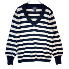 ポロジーンズラルフローレンPoloJeansRalphLaurenコットンニットVネックセーターボーダー紺ネイビー白ホワイト星条旗ロゴ刺繍y2kレトログランパコアグランマコアアメトラvintageヴィンテージ50724