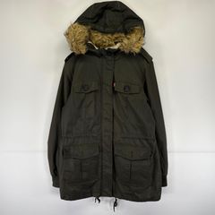 古着 リーバイス Levi's ナイロンジャケット パーカー ボア ファー ドローコード フルジップ ロングコート M  グリーン メンズ