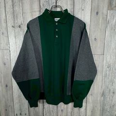 ニット】ハーフボタン 襟付き 格子 ポロニット リブ セーター 緑 L 
