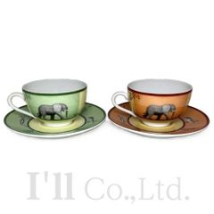 【未使用品】HERMES　エルメス　アフリカ　カップ＆ソーサー　2客セット　003216P　004616P　陶器　グリーン　オレンジ　ブランド食器　テーブルウェア　西洋食器　コップ　プレート　皿　動物【中古】【76779】