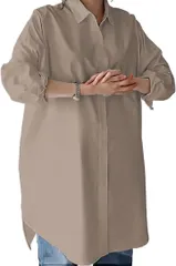 Banane D'or レディース ロング丈 長袖 襟付き シャツ ワンピース ブラウス チュニック(モカ,  2XL)