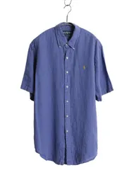 【お得なクーポン配布中!】 00s ラルフローレン 半袖 ボタンダウン シャツ メンズ L オールド ポロ 100% リネン 高級 半袖シャツ ワンポイント カジュアル シンプル 青