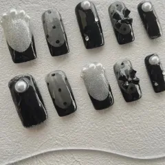 韓国 黒 フレンチ ドットネイル ガーリー リボン 量産型 ネイルチップ