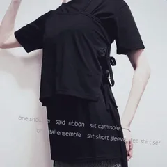 アシメ アシンメトリー 半袖 Tシャツ 黒 リボン アンサンブル ワンショルダー