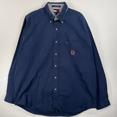 古着 90's/90年代 トミーヒルフィガー TOMMY HILFIGER 長袖シャツ ボタンダウンシャツ ワンポイント ロゴ 刺繍 厚手 L  ネイビー 無地 メンズ