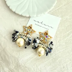 大人気 全2色 ビジュースター×ツイード コットンパール ピアス/イヤリングB