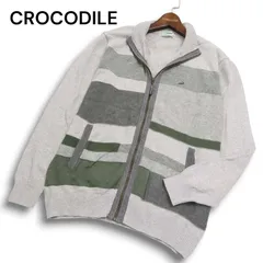 CROCODILE クロコダイル ワニ刺繍★ ウール カシミヤ混 ボーダー ジップ ニット ブルゾン ジャケット Sz.L メンズ グレー