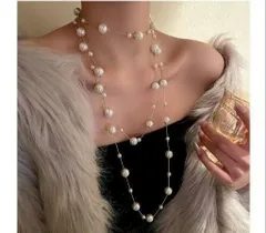 超人気　レディース　ネックレス　ロング　二重　ゴールド　ゴージャス　ゴージャス　豪華　パーティー　プレゼント　パール風