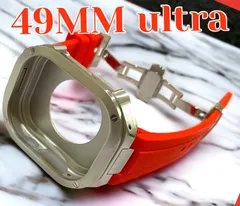 レッド×フルシルバーケース★49mm apple watch ultraアップルウォッチラバーメタルカバーセット　ウルトラ　49ミリ用　カスタム