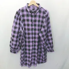 ◇ PUNYUS チェック柄 パフスリーブシャツワンピ 長袖 ミニ丈 ワンピース サイズ36 パープル ブラック レディース E  【1405140015492】