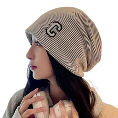 [LIMSE] ストライプ ワッチキャップ ビーニー ニット帽 ウィッグ メンズ レディース コットン帽 通気性 帽子 ケア帽子 ニットキャップ 医療用帽子 薄手 ストレッチ性 柔らかい 男女兼用 春 夏 秋 (ベージュ) [ベージュ] [Free Size]