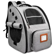 最新型 犬 リュック 猫 ペット リュック メッシュ窓3つ カーテン付き 強通気性 飛び出し防止リード マット付き 強安定性 猫キャリーバッグ お出かけ 小動物用 折り畳可 電車移動散歩 旅行 病院 災害避難に適用 耐荷重 8kg 軽量 グレー Funsh 1