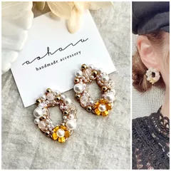 【再販】ウェディング パール・クラック×ゴールドフラワーリースピアス/イヤリング