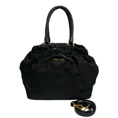 極 美品 カード付 PRADA プラダ ロゴ リボン レザー ナイロン 2way トートバッグ ショルダーバッグ ブラック 85310