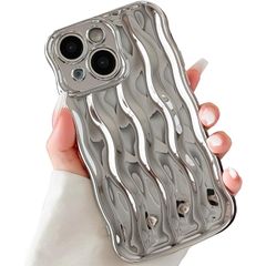 【大人気】HiPOTSUN デザインiphone 14ケース、波フレーム形状バンパーシリコーンスリムカバー、耐衝撃保護[ミリタリーグレードの落下保護]ソフト電話ケース6.1- Silver