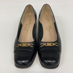 Ferragamo フェラガモ パンプス ローヒール イタリア ブラック レディース 6cサイズ【KS75】