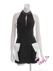 ブラック×ホワイト [AOC-3884]【an/アン】ツイル/ ジッパー/ ビジュー/ ハイネック/ アメスリ/ ホルターネック/ リボン/ フレア/ ミニドレス/ キャバドレス / ワンピース/ ドレス