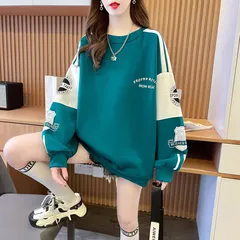 スウェット トレーナー 長袖 裏毛 プルオーバー オーバーサイズ ロゴ ワッペン 配色 袖ライン レディース グリーン 韓国ファッション ゆったり 体型カバー カジュアル 秋 冬 春 トップス かわいい 10代 20代 通学コーデ [1009]