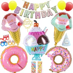 【★人気商品★】誕生日 飾り付け デザート 風船 シンプル パーティー セット 大きな 3Dバルーンセット Happy Birthdayバースデーバナー アイスクリームアルミ風船 ドーナツアルミ風船 三角帽子 パーティー かわいい 女の子 男の子 誕生日 装飾