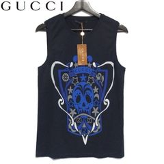 未使用★GUCCI スカル プリント タンクトップ ノースリーブ Tシャツ 237484 ネイビー タグ付き ドクロ グッチ★