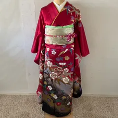 新品　振袖フルセット　えんじ　無地振袖 成人式 振袖 レンタル 140071-S 紙芝居 紺地 ブーケ・サクランボ