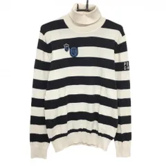 パーリーゲイツ タートルネックセーター アイボリー×ネイビー ボーダー ロゴワッペン ニット メンズ 5(L) ゴルフウェア PEARLY GATES