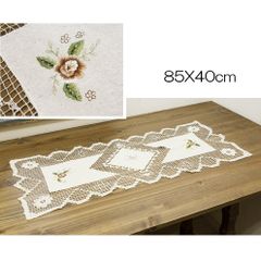 タスカニーレース　テーブルクロス　レクト　85X40cm　生成　花柄刺繍