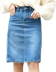 GIVEK デニム スカート レディース 膝丈 タイト スリット 美脚 シルエット 春 夏(ライトブルー,  M)