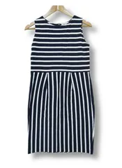 ③【未使用】日本製 グリーンレーベルリラクシング ノースリーブ ボーダーワンピース 切替 ストライプスカート 膝丈 ネイビー Mサイズ/白 ■管理番号L28893SSA25-250526-0（198）