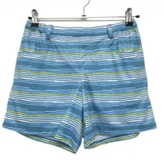 【新品】ミズノゴルフ ショートパンツ ライトブルー×白×イエロー ボーダー風 UVカット 吸汗速乾 レディース M ゴルフウェア MIZUNO