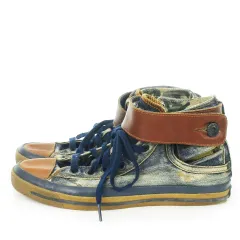 ディーゼル DIESEL EXPOBAND スニーカー ハイカット デニム レースアップ レザーベルト ヴィンテージ加工 28cm 青 ブルー /AH1 ■GY27