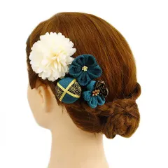 髪飾り 成人式 つまみ細工 振袖 前撮り 袴 浴衣 夏祭り 花火大会 4点セット 白 青緑 ちりめん 玉飾り ヘアアクセ かんざし ヘ No.9-3302