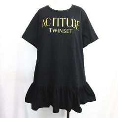 TWINSET ツインセット チュニック 金ロゴ 半袖 フリル カットソー コットン Sサイズ ブラック 黒 レディース D139L